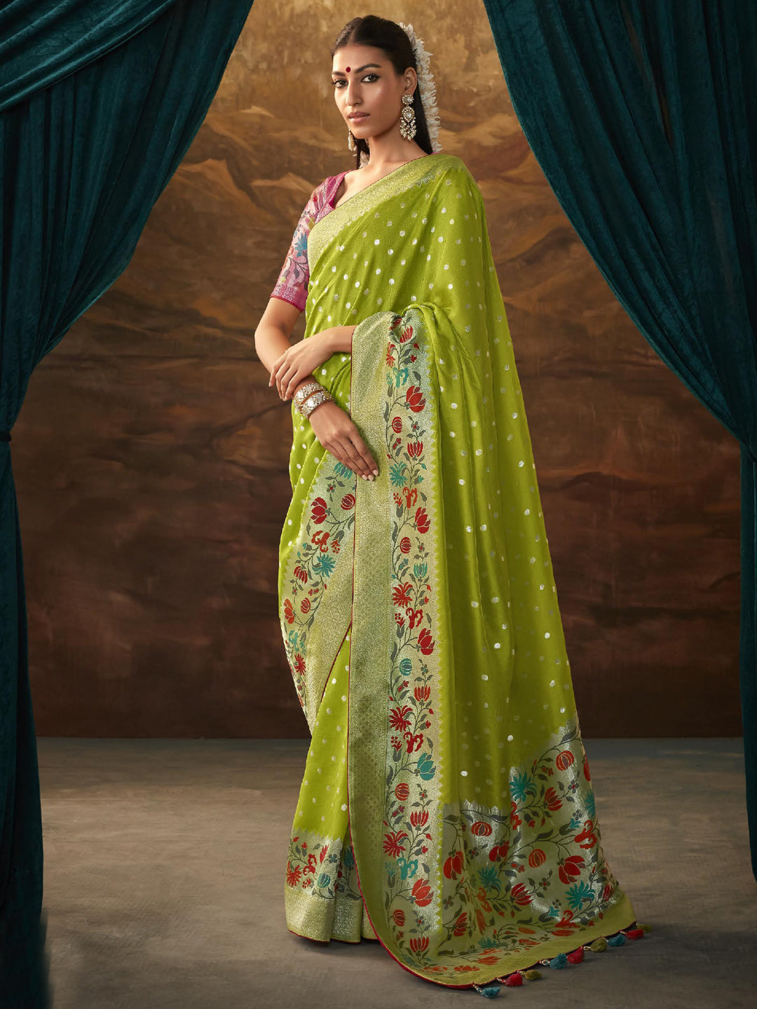 Zari Pure Dola Silk Partywear South Indian wedding Saree In Green Color-81580