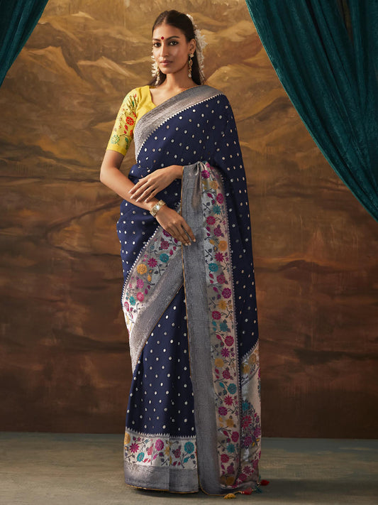 Zari Pure Dola Silk Partywear South Indian wedding Saree In Blue Color-81582