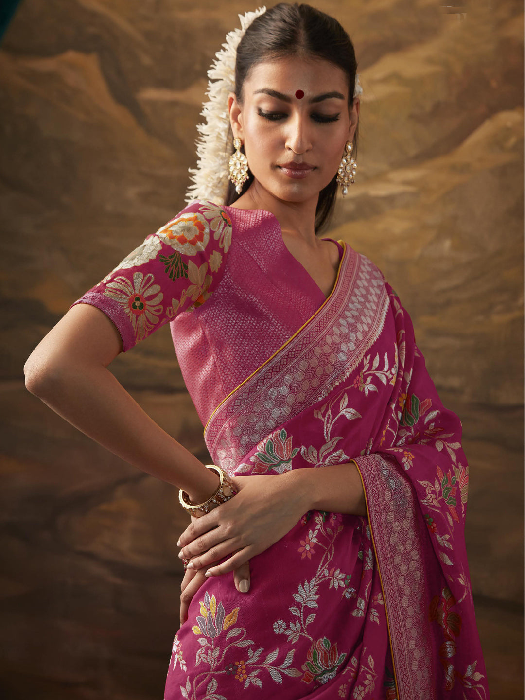 Zari Pure Dola Silk Partywear South Indian wedding Saree In Pink Color-81583