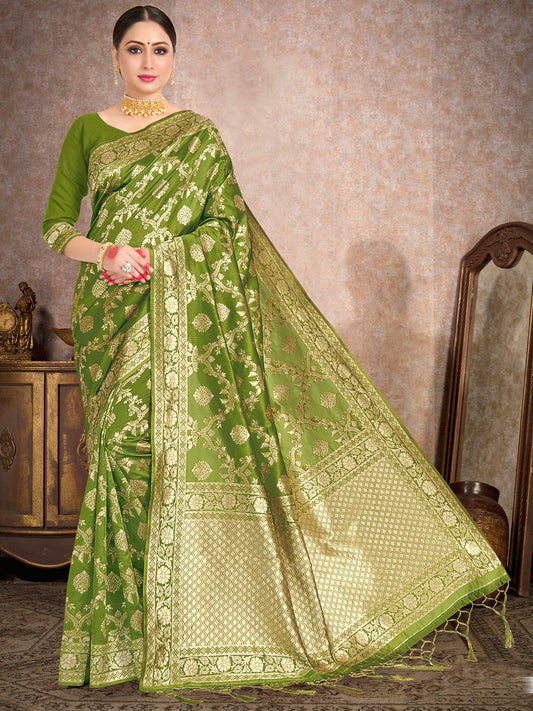 Weaving Lichi Bindi Silk Partywear Traditional Saree In Green Color-81551