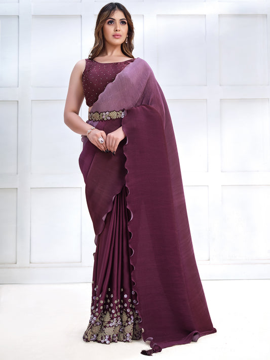 Embroidered Silk Traditional Partywear Saree In Purple Color-81777