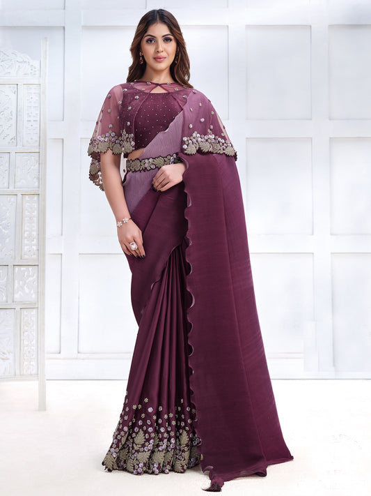 Embroidered Silk Traditional Partywear Saree In Purple Color-81778