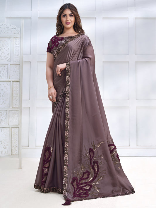 Embroidered Silk Traditional Partywear Saree In Purple Color-81783