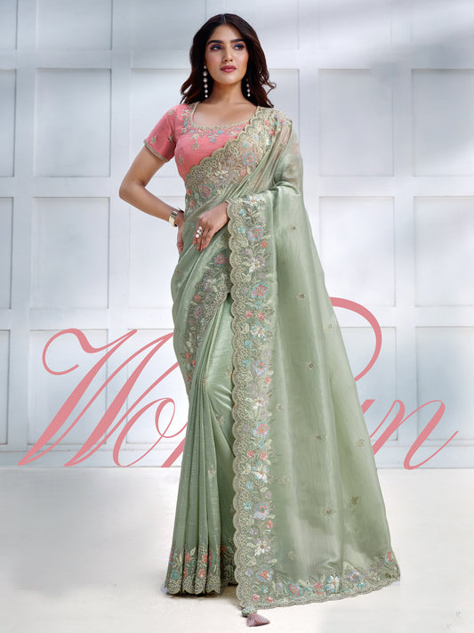 Embroidered Silk Traditional Partywear Saree In Green Color-81784
