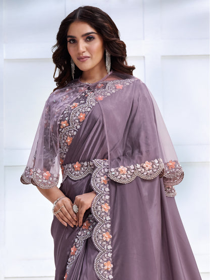 Embroidered Silk Traditional Partywear Saree In Purple Color-81780