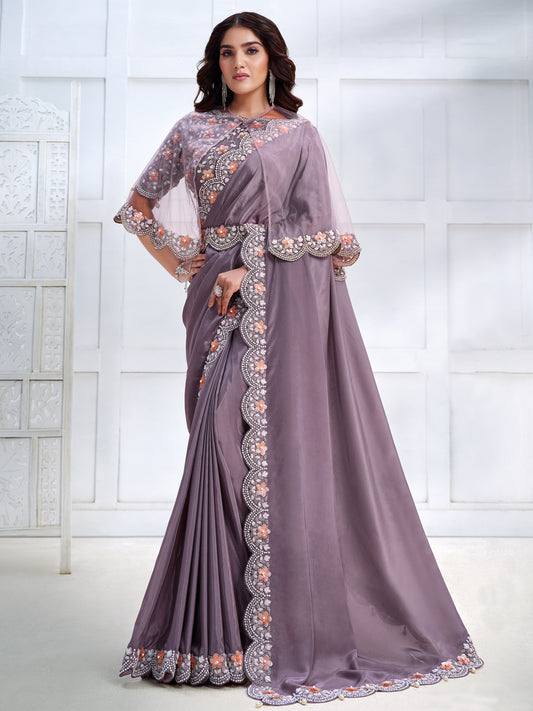 Embroidered Silk Traditional Partywear Saree In Purple Color-81780