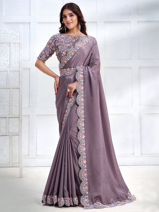 Embroidered Silk Traditional Partywear Saree In Purple Color-81781