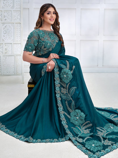 Embroidered Silk Traditional Partywear Saree In Blue Color-81785