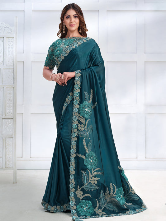 Embroidered Silk Traditional Partywear Saree In Blue Color-81785