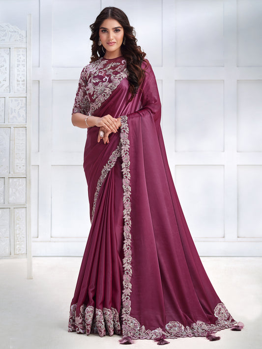 Embroidered Silk Traditional Partywear Saree In Purple Color-81782