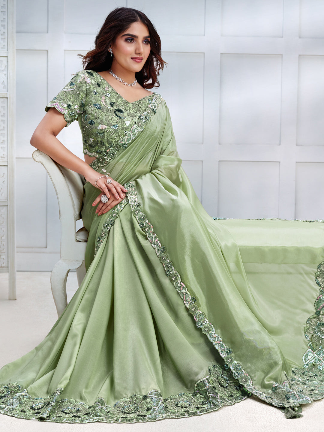 Embroidered Silk Traditional Partywear Saree In Green Color-81787