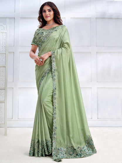 Embroidered Silk Traditional Partywear Saree In Green Color-81787