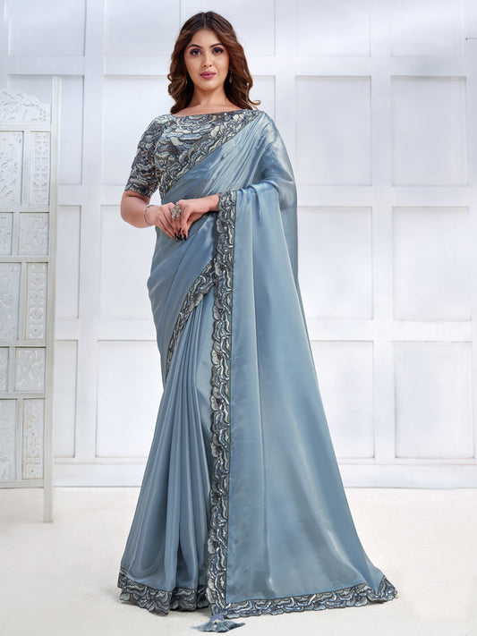 Embroidered Silk Traditional Partywear Saree In Grey Color-81788