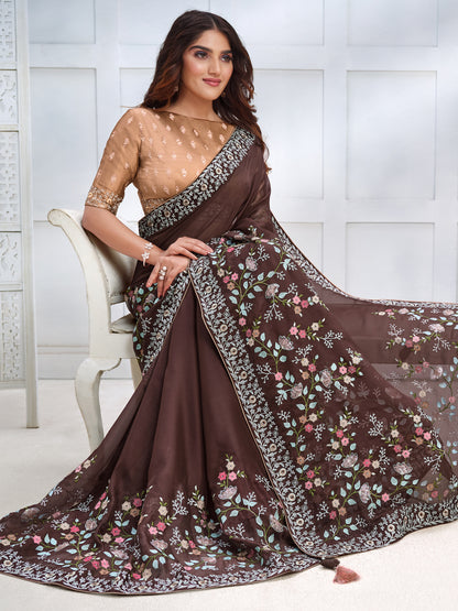 Embroidered Silk Traditional Partywear Saree In Brown Color-81789