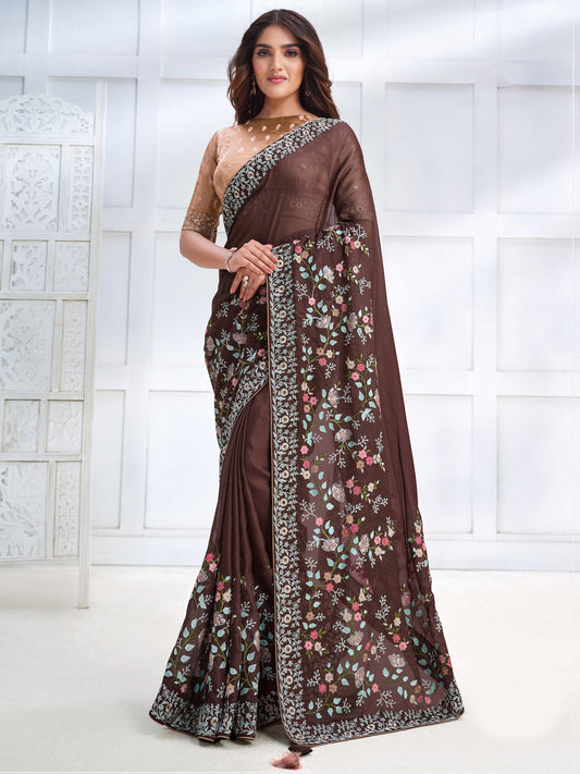 Embroidered Silk Traditional Partywear Saree In Brown Color-81789