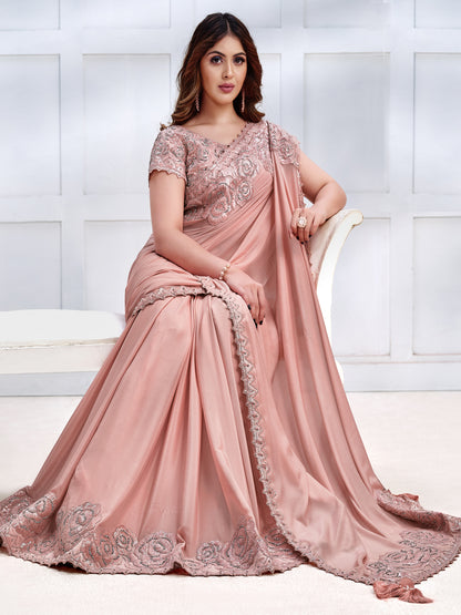 Embroidered Silk Traditional Partywear Saree In Beige Color-81790