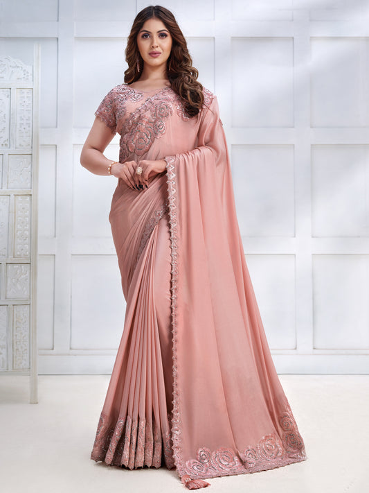 Embroidered Silk Traditional Partywear Saree In Beige Color-81790