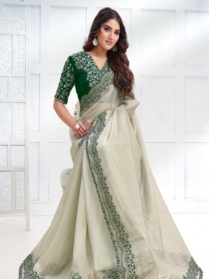 Embroidered Silk Traditional Partywear Saree In off white Color-81791