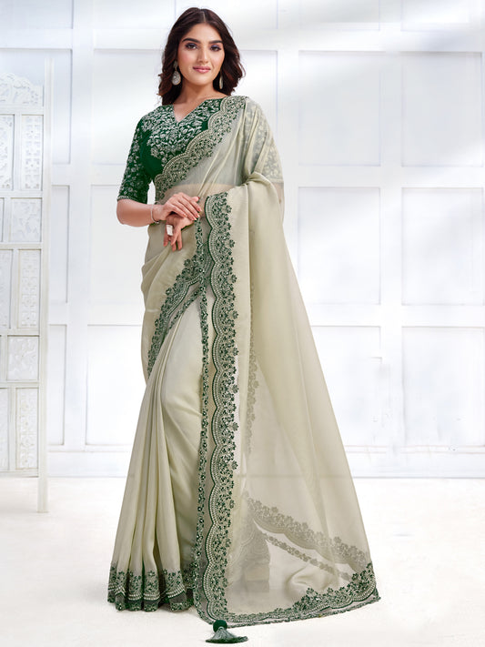 Embroidered Silk Traditional Partywear Saree In off white Color-81791