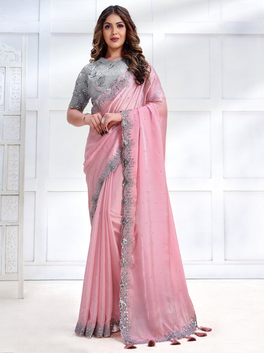 Embroidered Silk Traditional Partywear Saree In Pink Color-81792