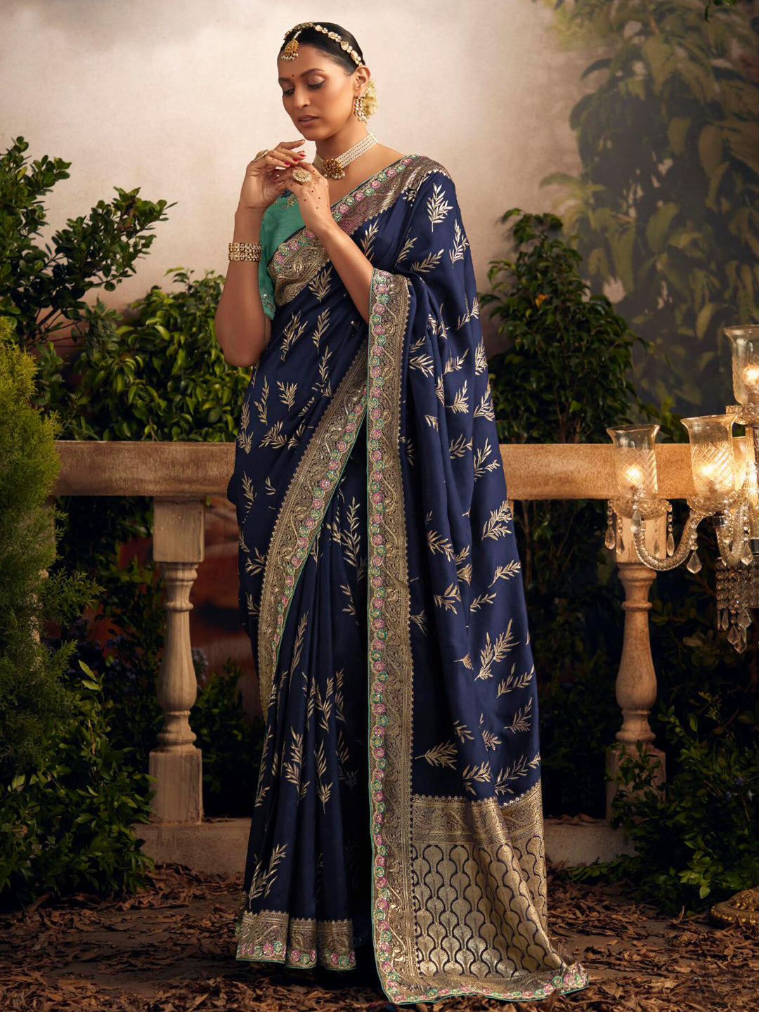 Embroidered Pure Viscose Dola Silk Traditional Bridal Saree In Blue Color-81671