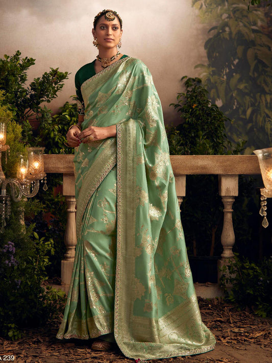 Embroidered Pure Viscose Dola Silk Traditional Bridal Saree In Green Color-81673