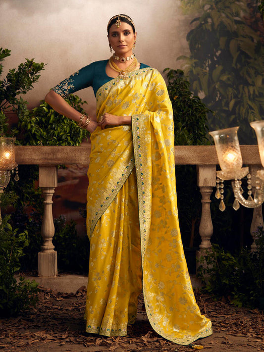 Embroidered Pure Viscose Dola Silk Traditional Bridal Saree In Yellow Color-81674