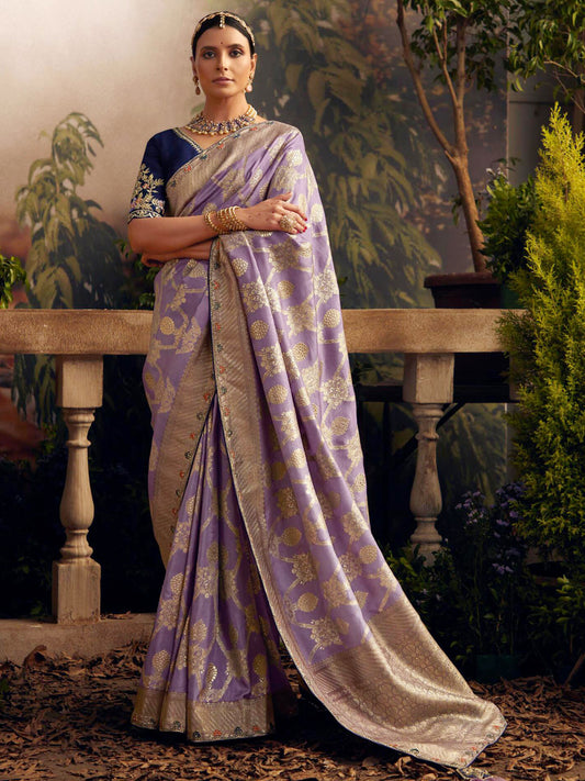 Embroidered Pure Viscose Dola Silk Traditional Bridal Saree In Purple Color-81677