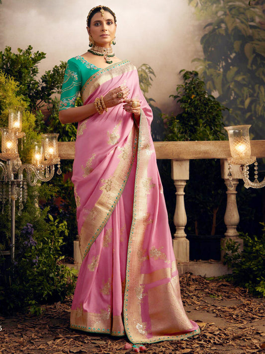 Embroidered Pure Viscose Dola Silk Traditional Bridal Saree In Pink Color-81679