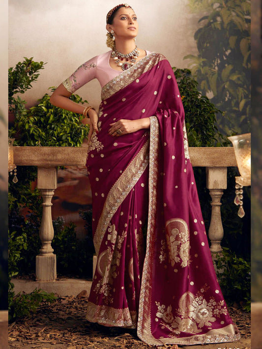 Embroidered Pure Viscose Dola Silk Traditional Bridal Saree In Purple Color-81680