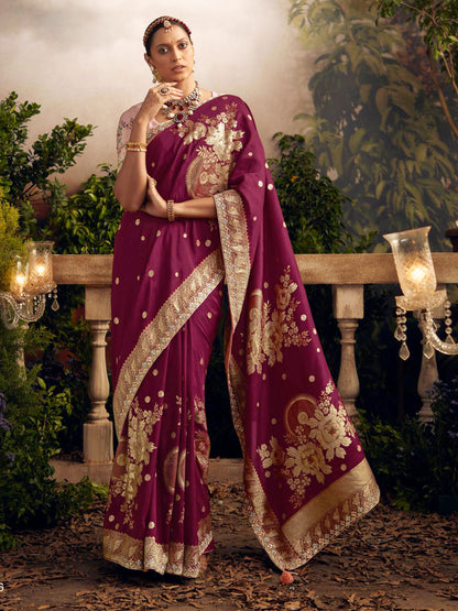 Embroidered Pure Viscose Dola Silk Traditional Bridal Saree In Purple Color-81680