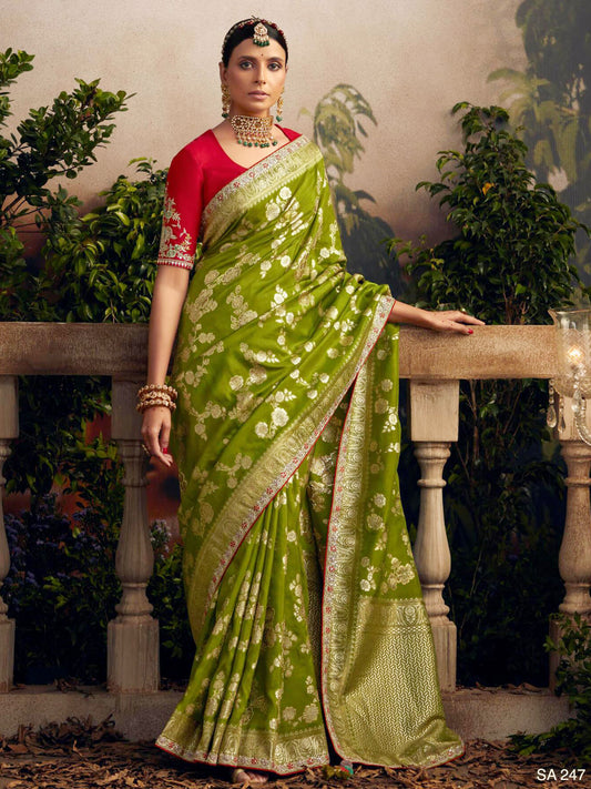 Embroidered Pure Viscose Dola Silk Traditional Bridal Saree In Green Color-81681