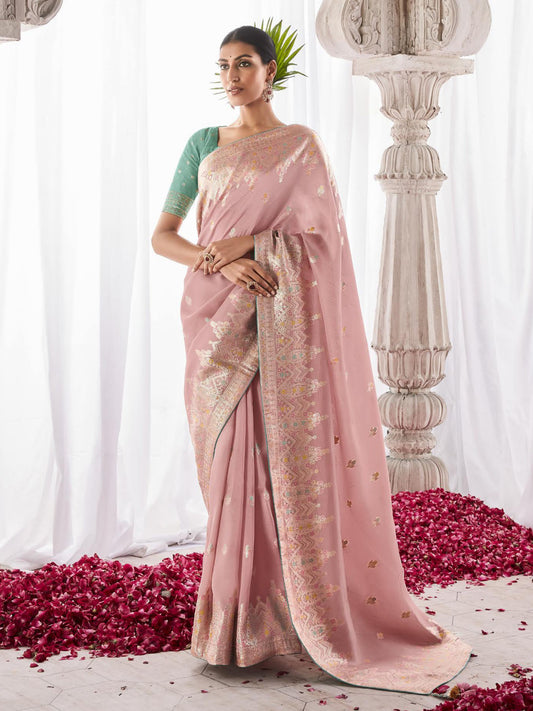 Embroidered Minakari Pallu Silk Traditional Partywear Saree In Pink Color-81794