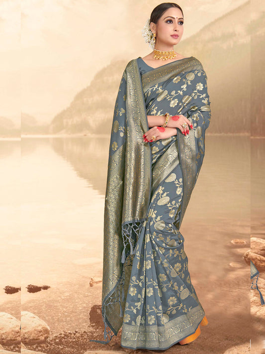 Weaving Lichi Bindi Silk Partywear Traditional Saree In Grey Color-81552