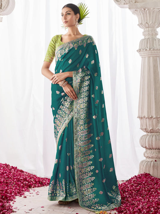 Embroidered Minakari Pallu Silk Traditional Partywear Saree In Blue Color-81795