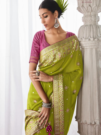 Embroidered Minakari Pallu Silk Traditional Partywear Saree In Green Color-81797