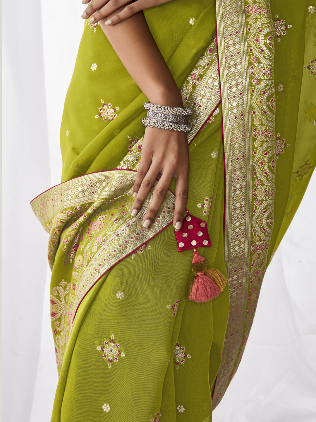 Embroidered Minakari Pallu Silk Traditional Partywear Saree In Green Color-81797