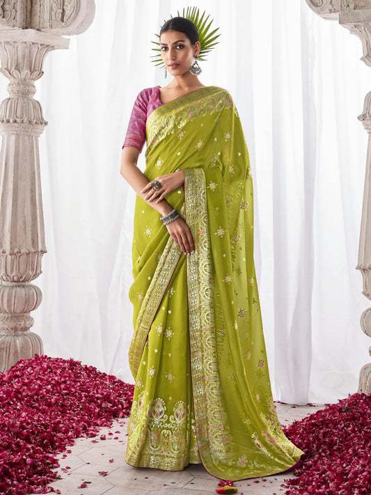 Embroidered Minakari Pallu Silk Traditional Partywear Saree In Green Color-81797