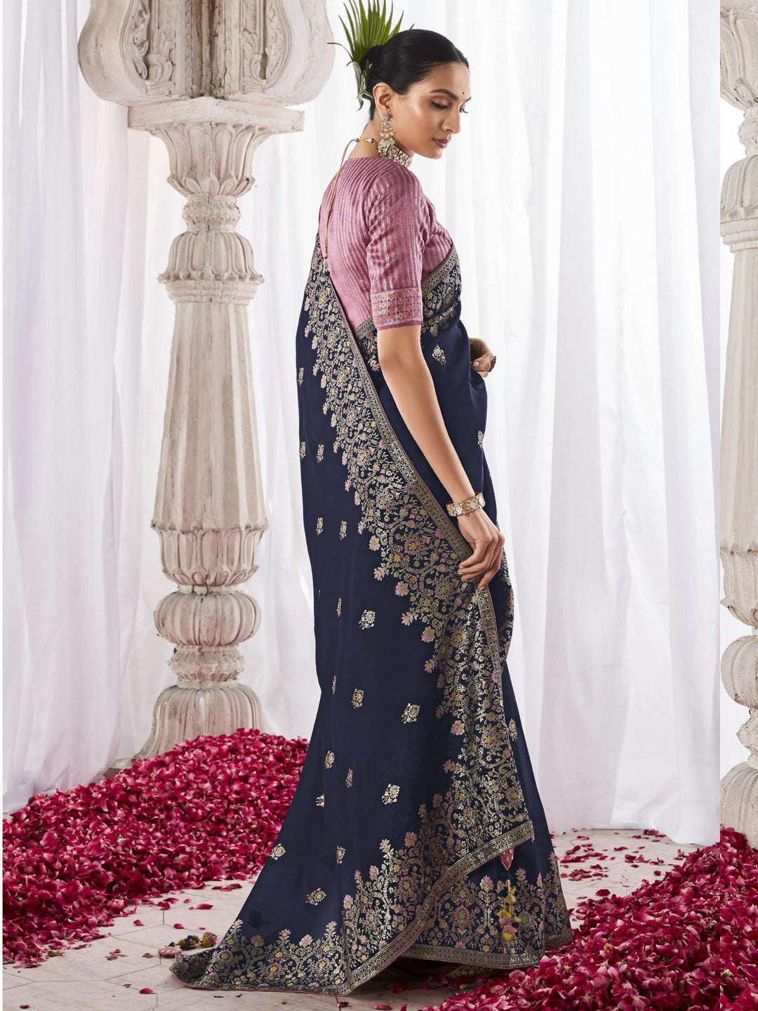 Embroidered Minakari Pallu Silk Traditional Partywear Saree In Blue Color-81798