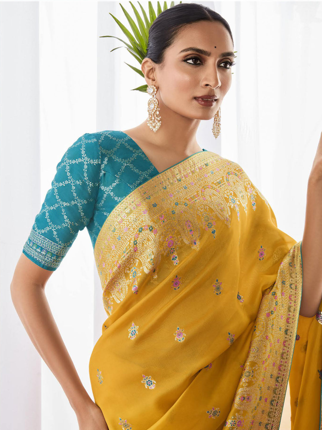 Traditional Designer Party Wear Yellow Satin Saree With Embroidery