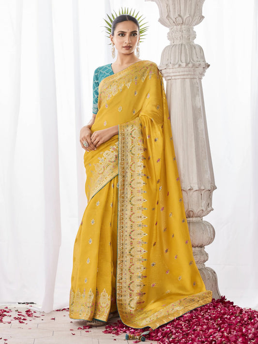Embroidered Minakari Pallu Silk Traditional Partywear Saree In Yellow Color-81799