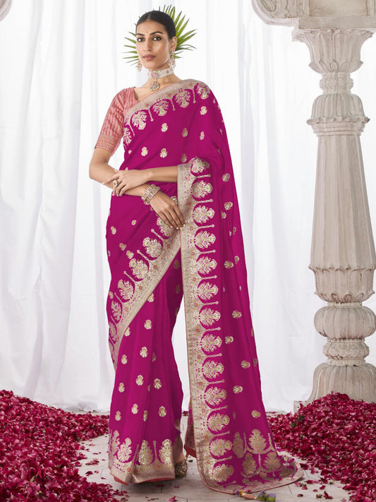 Embroidered Minakari Pallu Silk Traditional Partywear Saree In Pink Color-81800