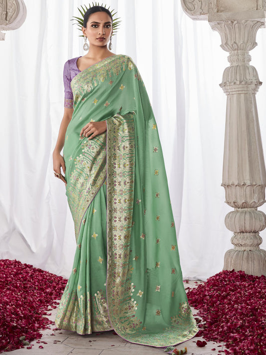 Embroidered Minakari Pallu Silk Traditional Partywear Saree In Green Color-81801