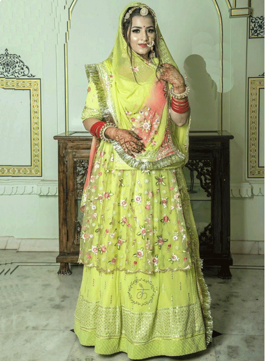 Stone Half Pure Traditional Wedding Rajputi Poshak In Yellow Color-61037