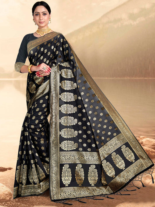 Weaving Lichi Bindi Silk Partywear Traditional Saree In Black Color-81554