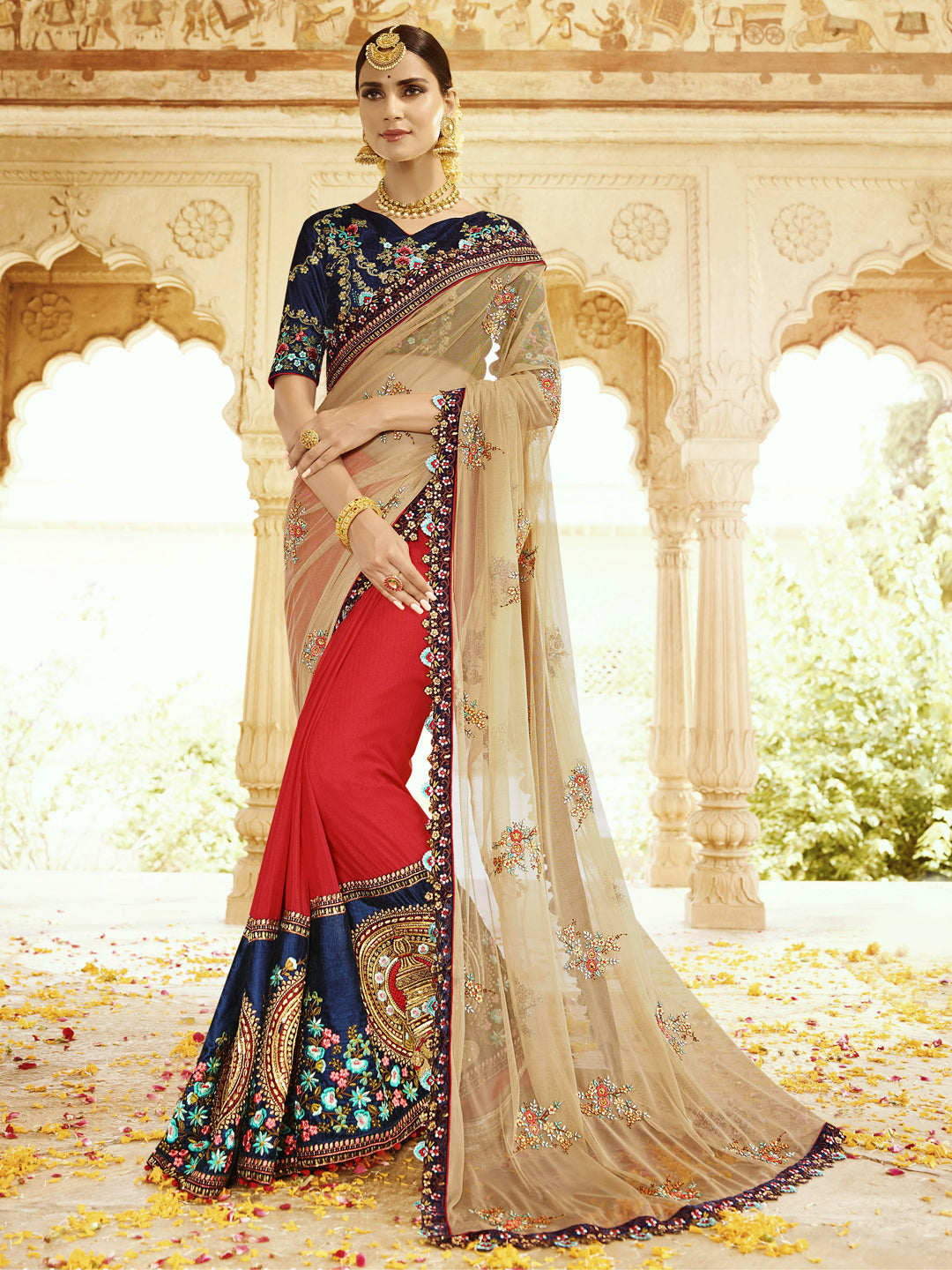 Net Wedding Saree with Embroidered Border in Beige color-61075