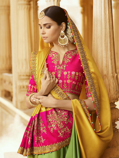 Silk Wedding Saree with Embroidered Border in Mustard Green color-61074