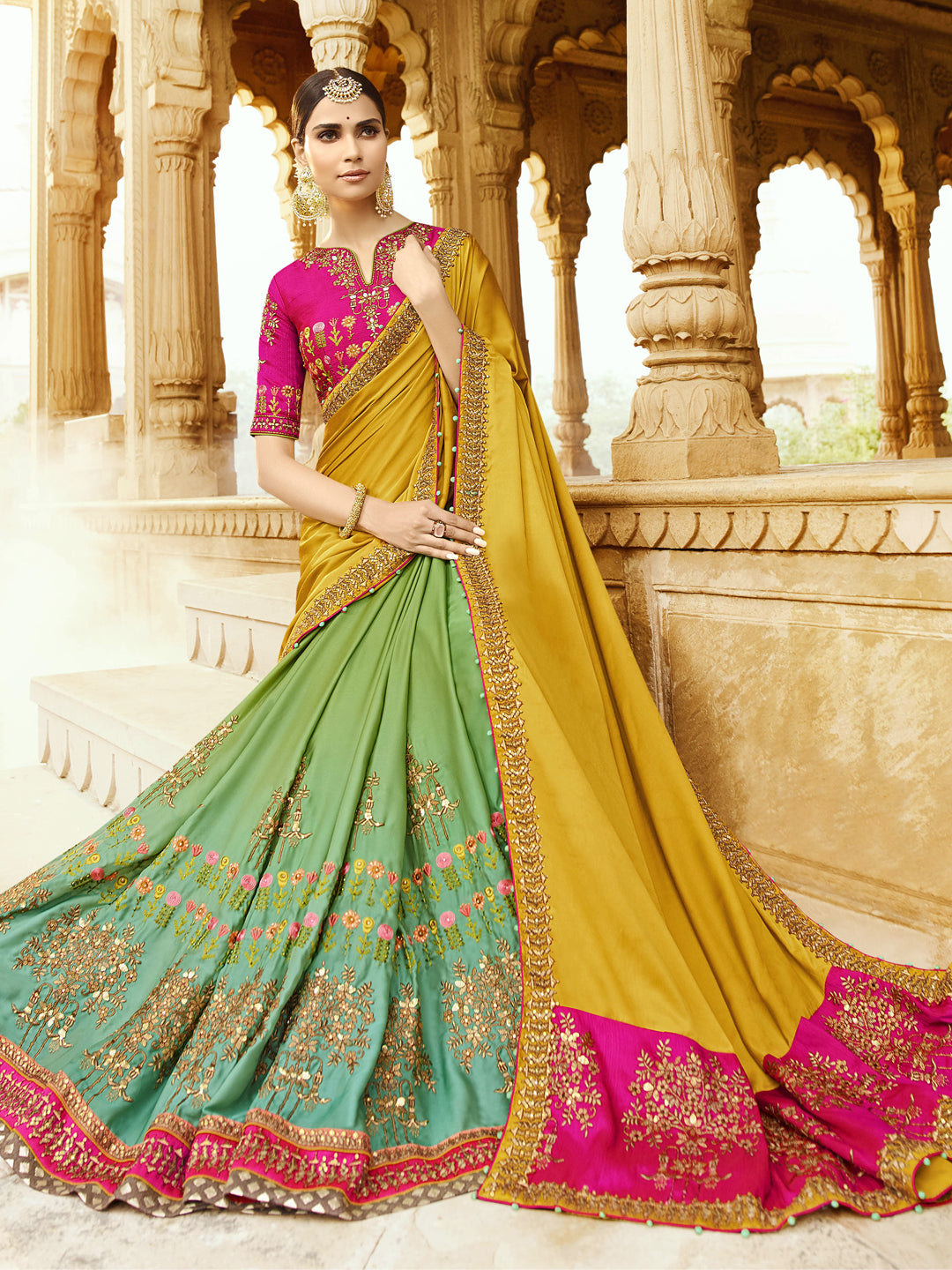 Silk Wedding Saree with Embroidered Border in Mustard Green color-61074