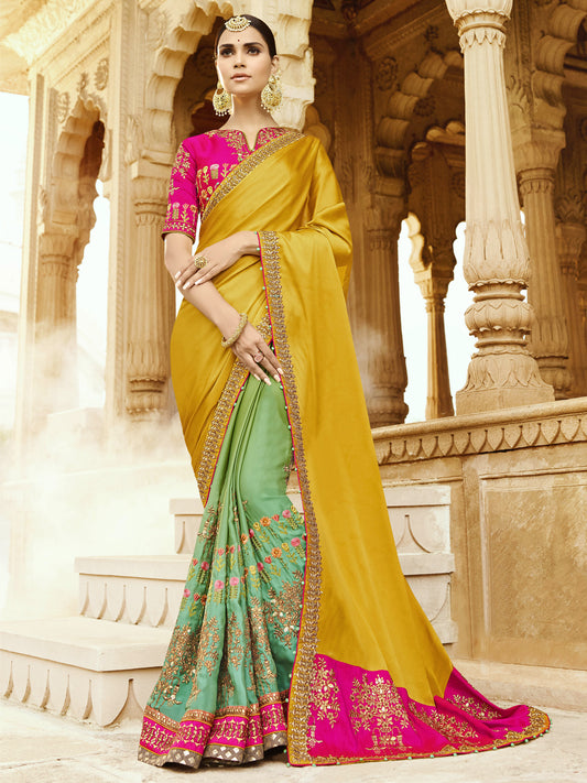 Silk Wedding Saree with Embroidered Border in Mustard Green color-61074