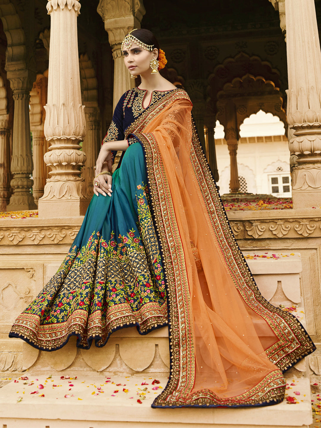 Silk Wedding Saree with Embroidered Border in Orange and Blue color-81166